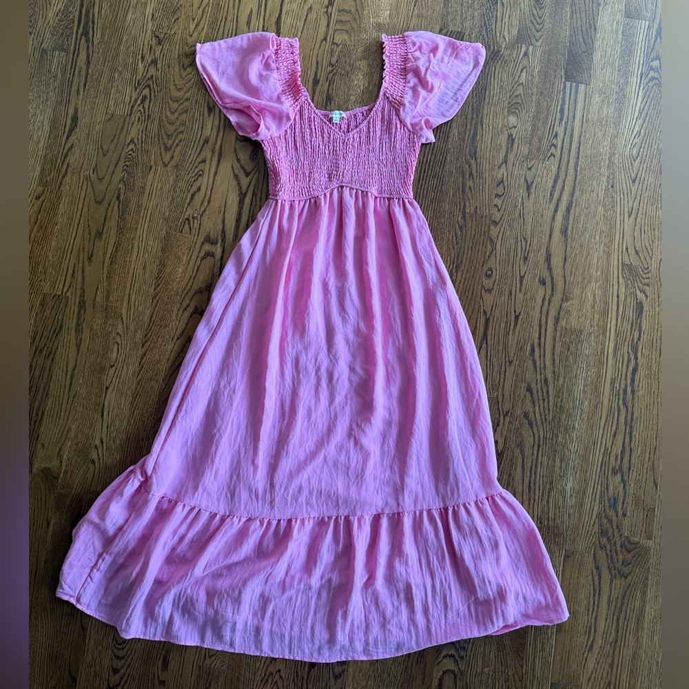 Pink linen v neck long Dress w/ flowy sleeves Medium ptp 14” 50” length